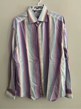Robert Graham Men's Ombre Striped Dress Shirt Pastel Purple Blue Geometric 2XL